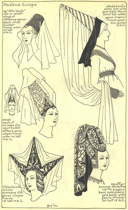 Medieval European headwear including: little hennin, wimple, steeple hennin, escoffion, triple-horned hennin, gauze drapery