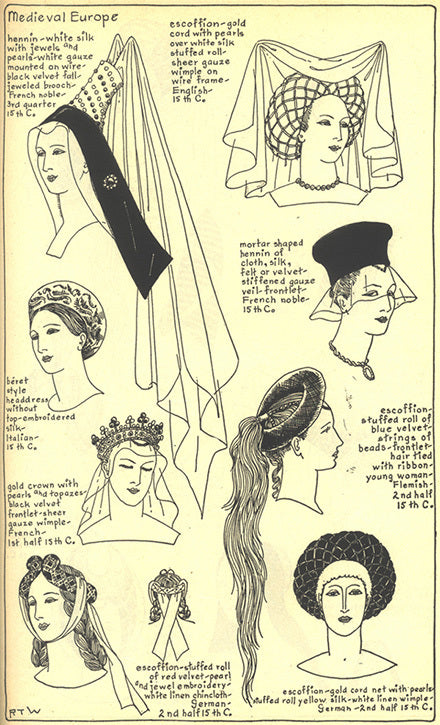 Medieval European headwear including: hennins, escoffions, mortar shaped hennin, beret style headdress, chincloth, cord net