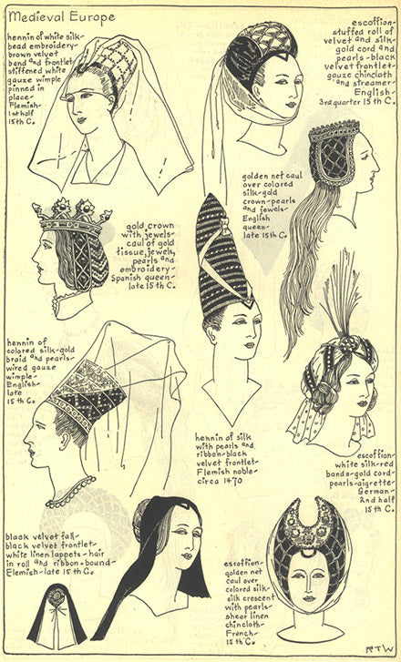Medieval European headwear including: silk hennin, escoffion, golden net caul, chincloth, lappets, wired gauze wimple, crowns
