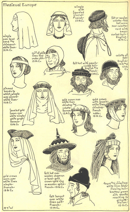 Medieval European headwear including: wimples, linen coifs, felt calottes, crowns, toques, bonnets, chaperon, mantles
