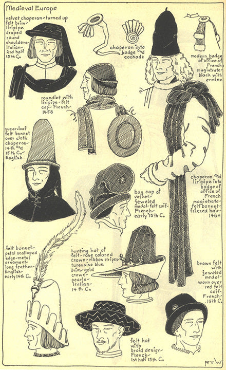 Medieval European headwear including: velvet chaperon, roundlet, liripipe, sugarloaf felt bonnet, bag cap, hunting hat, etc.