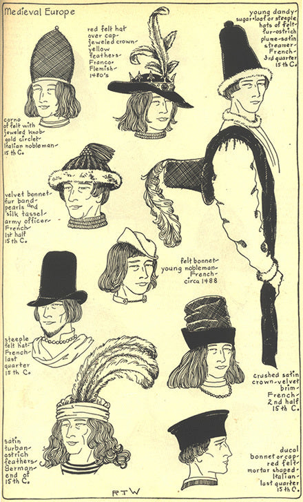 Medieval European headwear including: felt corno/hat, young dandy, sugarloaf, steeple, felt/velvet bonnets, satin turban
