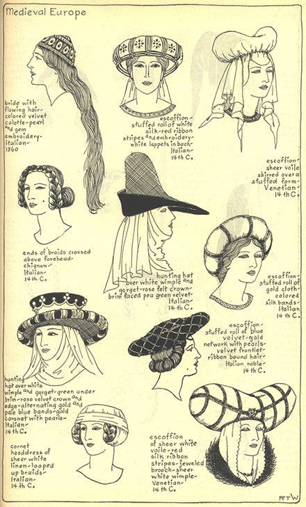Medieval European headwear including: velvet calotte, escoffions, wimple, hunting hat, cornet headdress, front-crossed braids