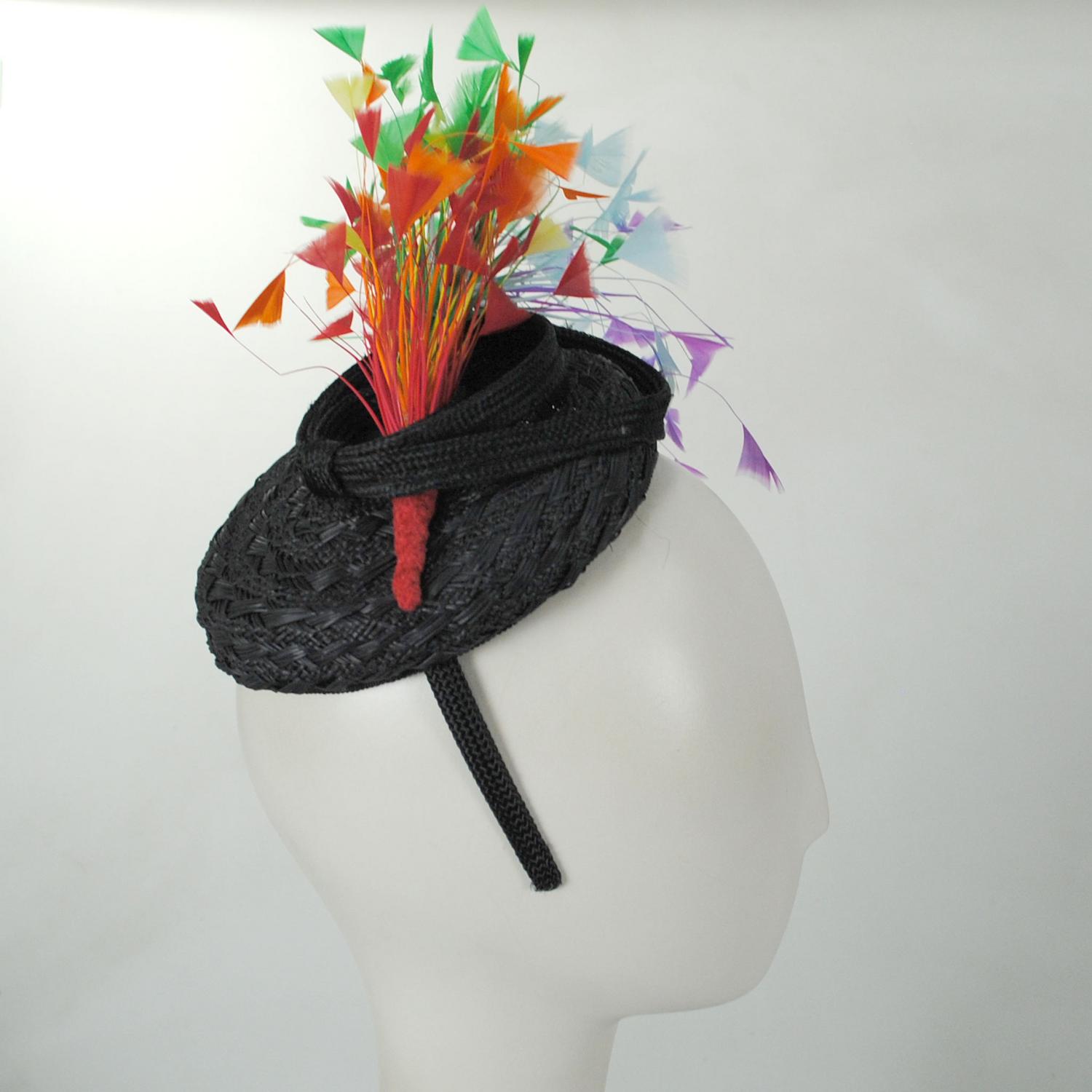 Jeanne Marie | Rainbow Feathers Parasisal Straw Pillbox Hat | 122444 | profile | BLACK MULTI