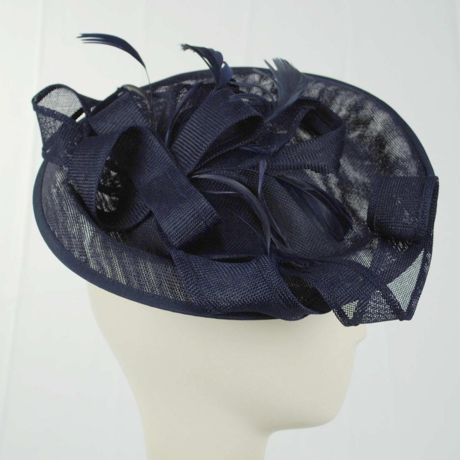 Sophia | Ribbon & Flax Linen Fabric Fascinator Hat | 122904 | profile | NAVY