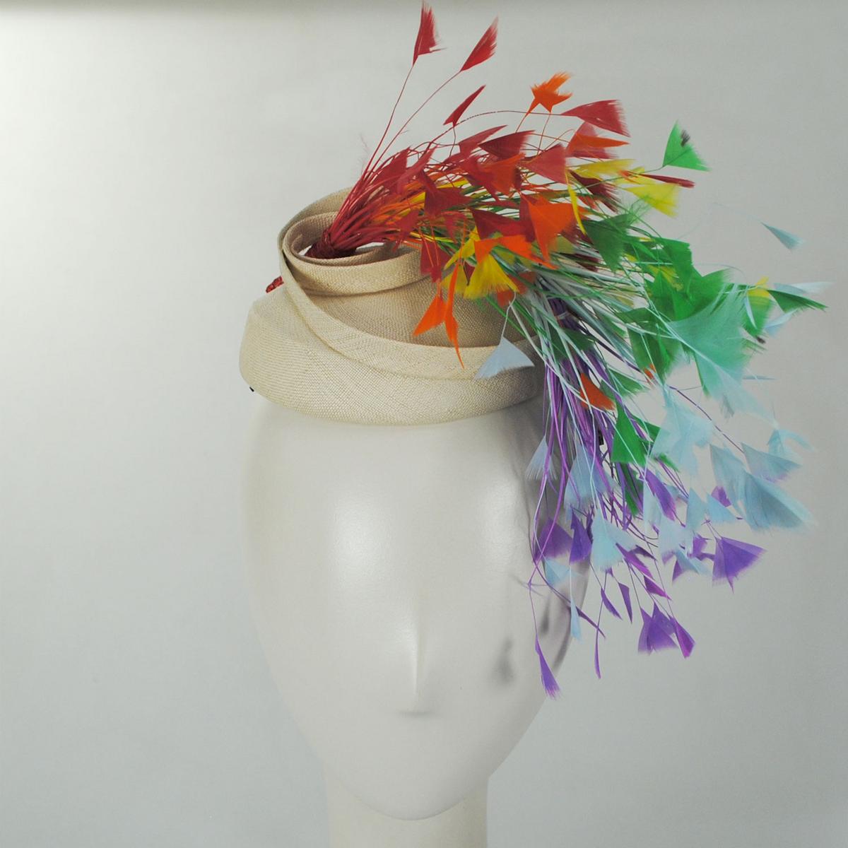Rainbow Feathers Sisal Straw Pillbox Hat