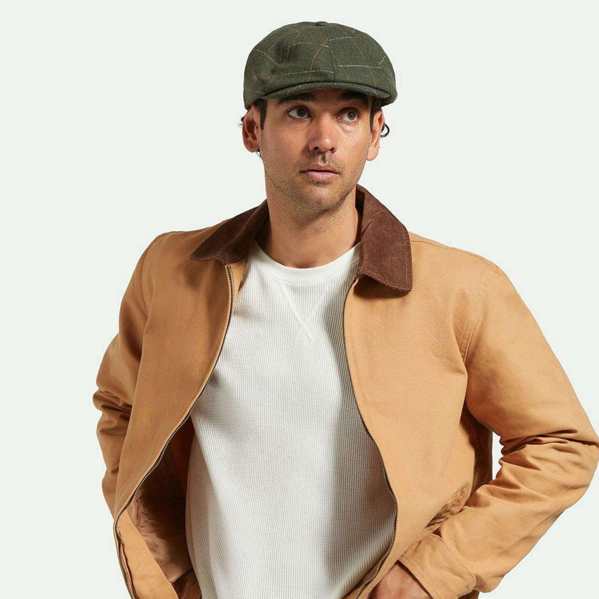 BRIXTON HATS | Wool Blend Windowpane Plaid Brood Newsboy Cap | 161568 | lsmone | MOSS/ORANGE