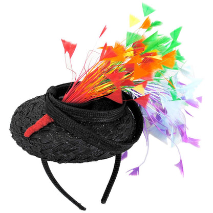 Jeanne Marie | Rainbow Feathers Parasisal Straw Pillbox Hat | 122444 | lead | BLACK MULTI