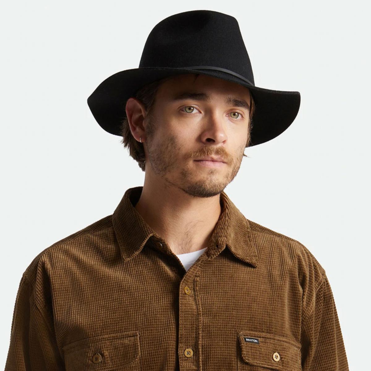 BRIXTON HATS | Wesley Packable Wool Felt Fedora Hat - Black/Black | 135638BB | lsmone | BLACK/BLACK