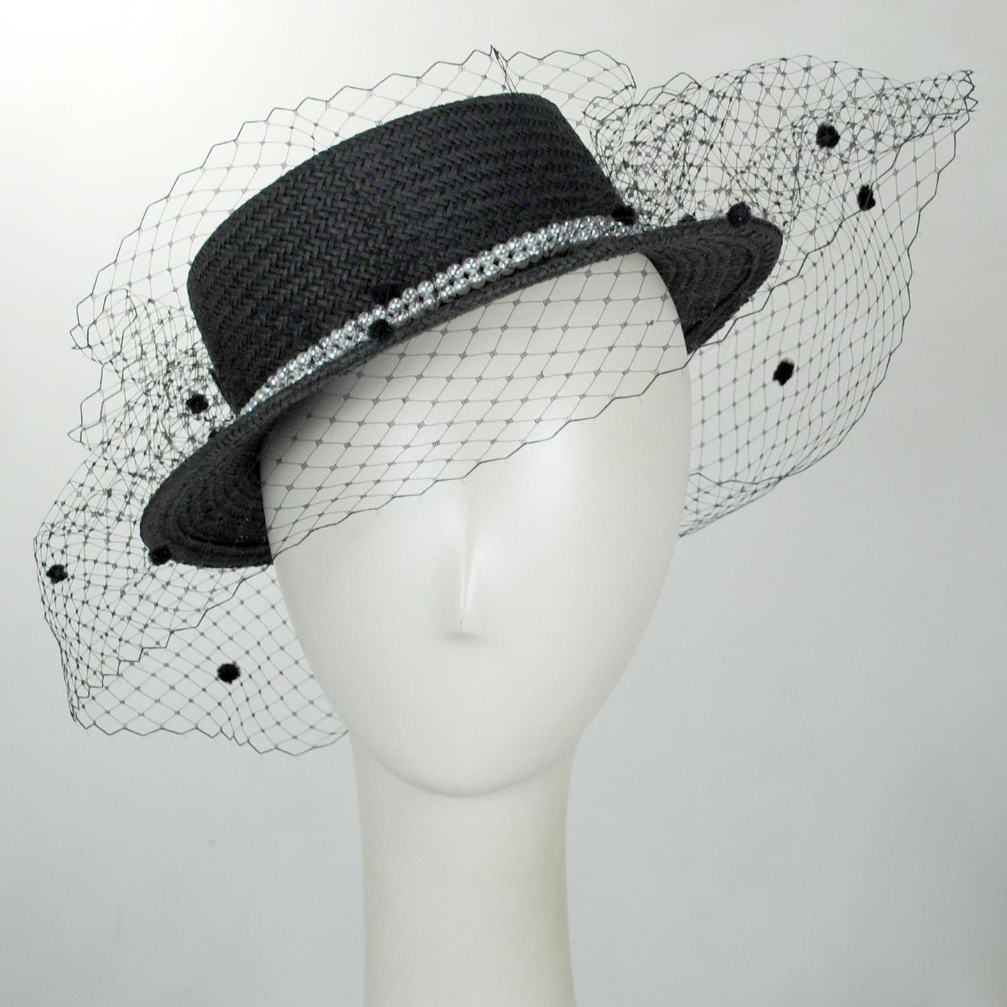 Kathy Jeanne | Toyo Straw Black Boater Hat with Veil | 122464 | front | BLACK
