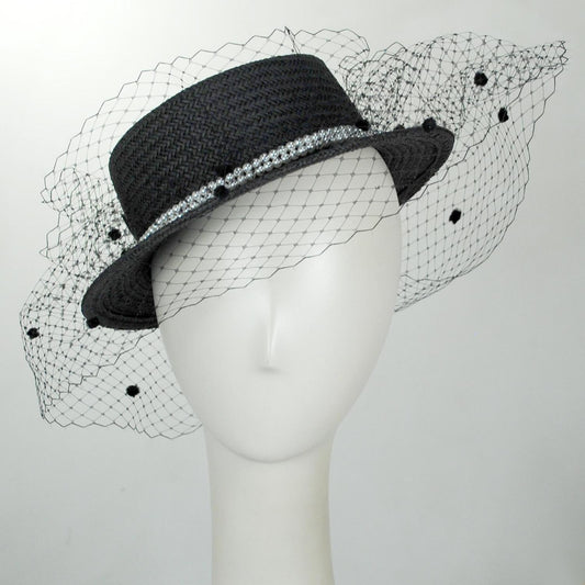 Kathy Jeanne | Toyo Straw Black Boater Hat with Veil | 122464 | front | BLACK