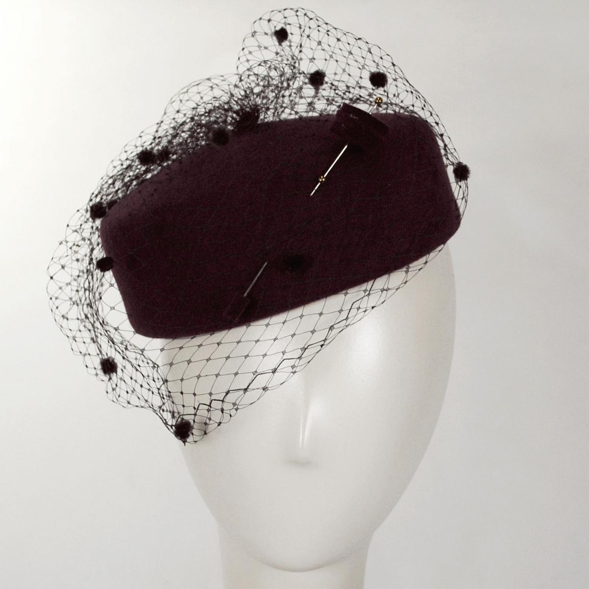Kathy Jeanne | Hatpin and Veil Wool Felt Pillbox Hat - Made to Order | 124718 | front | WINE/BLACK