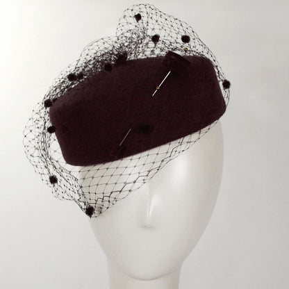 Kathy Jeanne | Hatpin and Veil Wool Felt Pillbox Hat - Made to Order | 124718 | front | WINE/BLACK