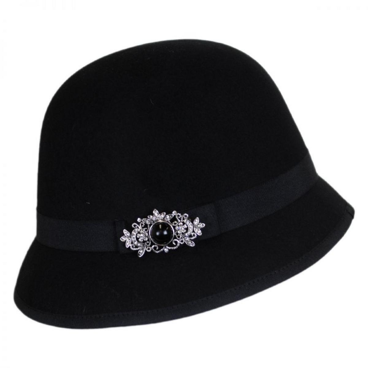Toucan Collection | Brooch Wool Felt Cloche Hat - Made to Order | 125826 | profile | BLACK
