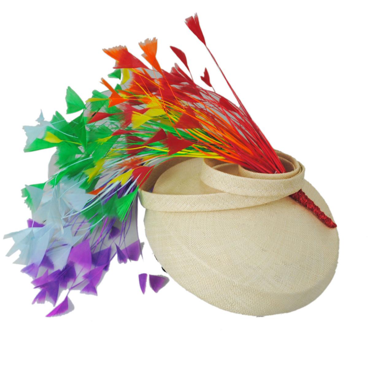 Jeanne Marie | Rainbow Feathers Sisal Straw Pillbox Hat