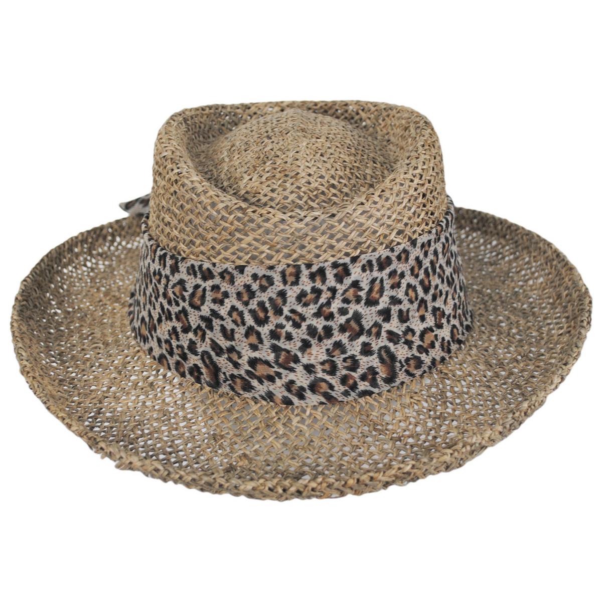 Twisted Seagrass Gambler Hat with Leopard Scarf