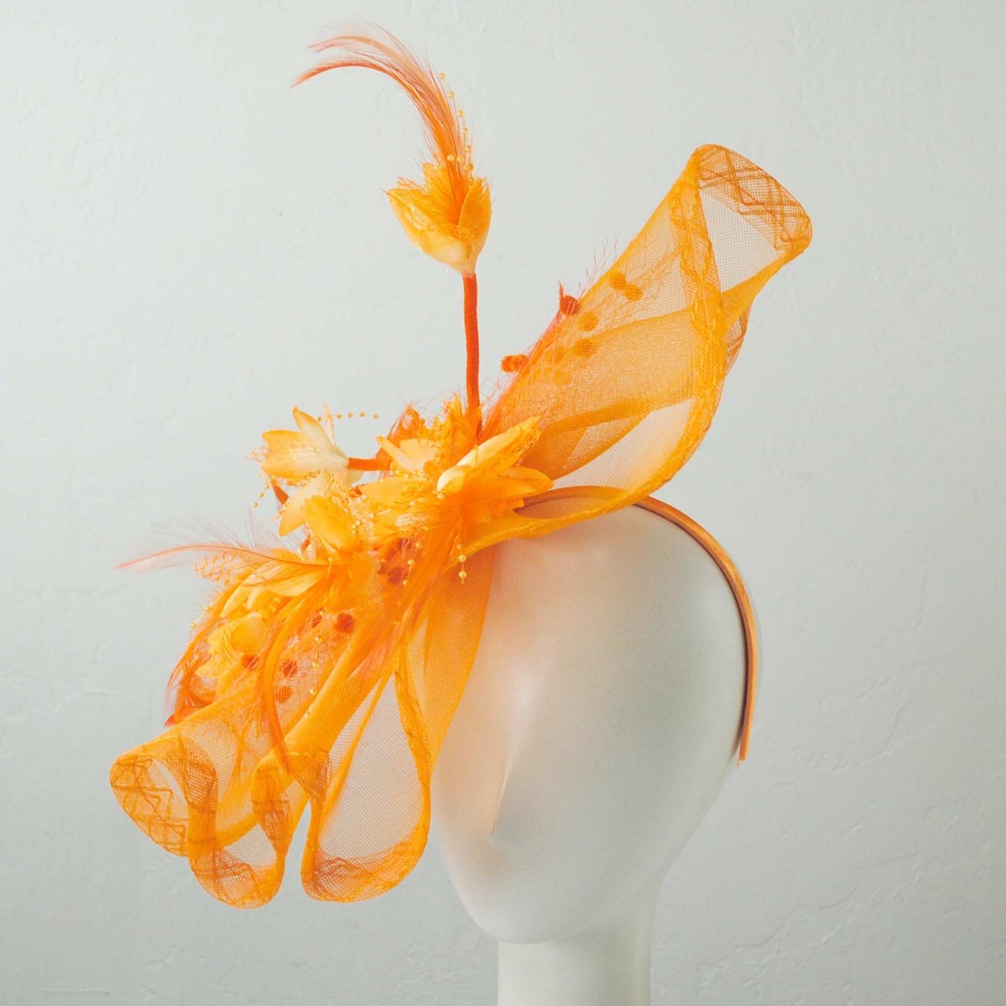 Sophia | Floral Feathered Mesh Fascinator Hat | 122906 | front | ORANGE