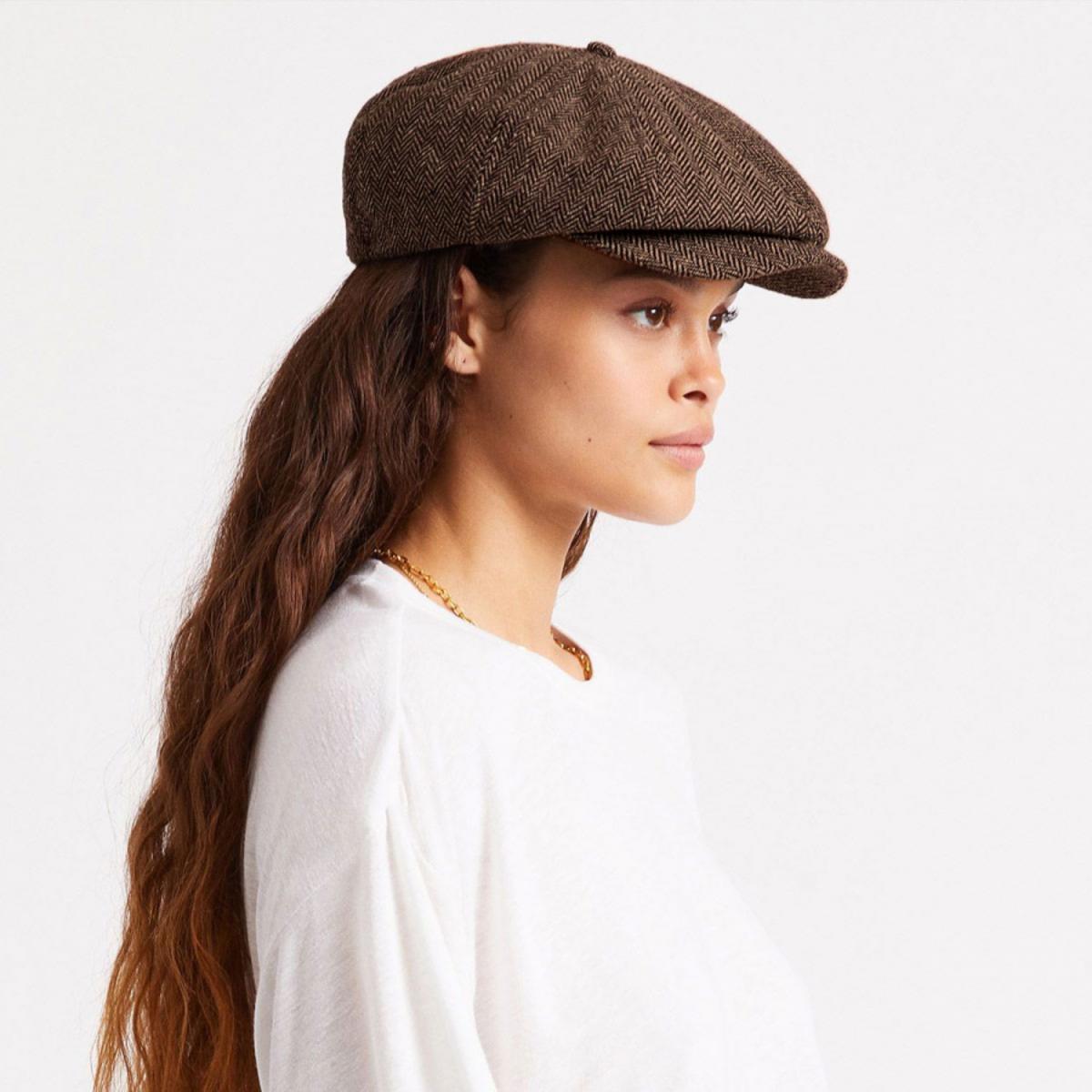 BRIXTON HATS | Brood Herringbone Wool Blend Newsboy Cap | 161512 | lsfone | BROWN/KHAKI