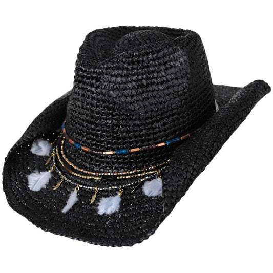 NIKKI BEACH | Morgan Crochet Raffia Straw Western Hat | 102663 | lead | BLACK