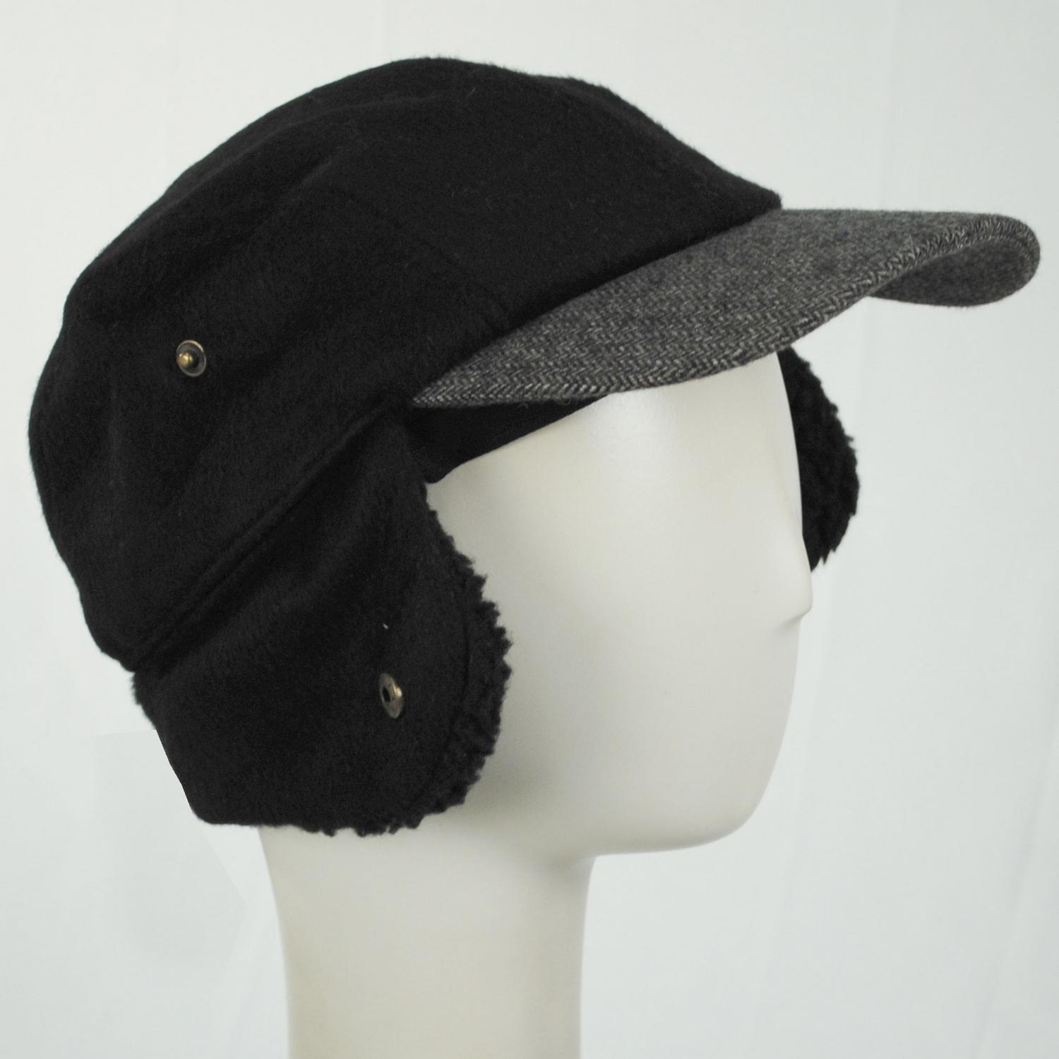 Dorfman Pacific | Tommy Tweed Wool Blend Fitted Earflap Baseball Cap | 200183 | profiletwo | BLACK