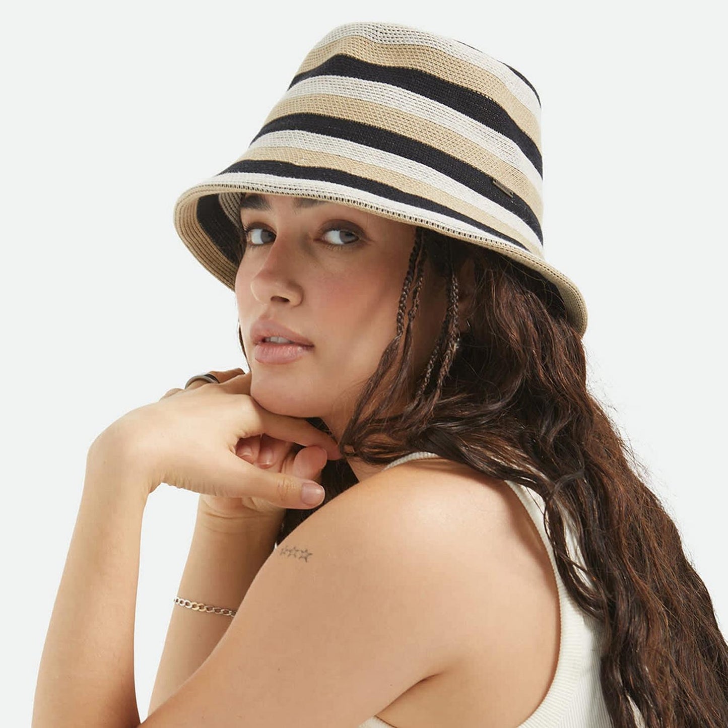 BRIXTON HATS | Lisboa Cotton Knit Stripe Bucket Hat | 185527 | lsfone | BLACK/SAND/WHITECAP