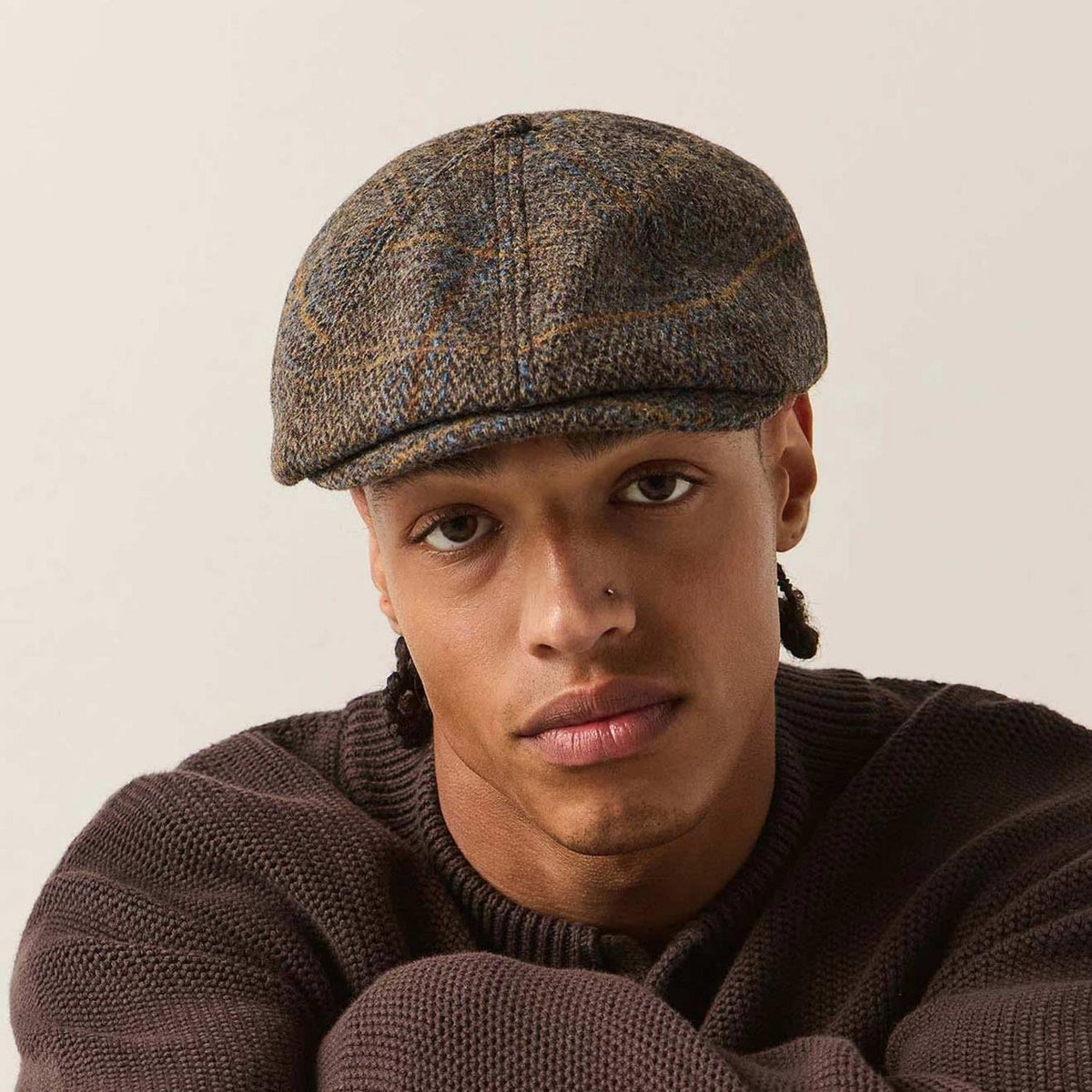 BRIXTON HATS | Brood Wool Blend Herringbone Plaid Newsboy Cap | 161586 | lsmone | SLATE BLUE/SEPIA/ORANGE