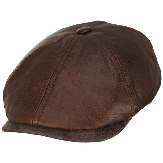 Stetson | Six-Panel Leather Newsboy Cap | 160326 | lead | BROWN