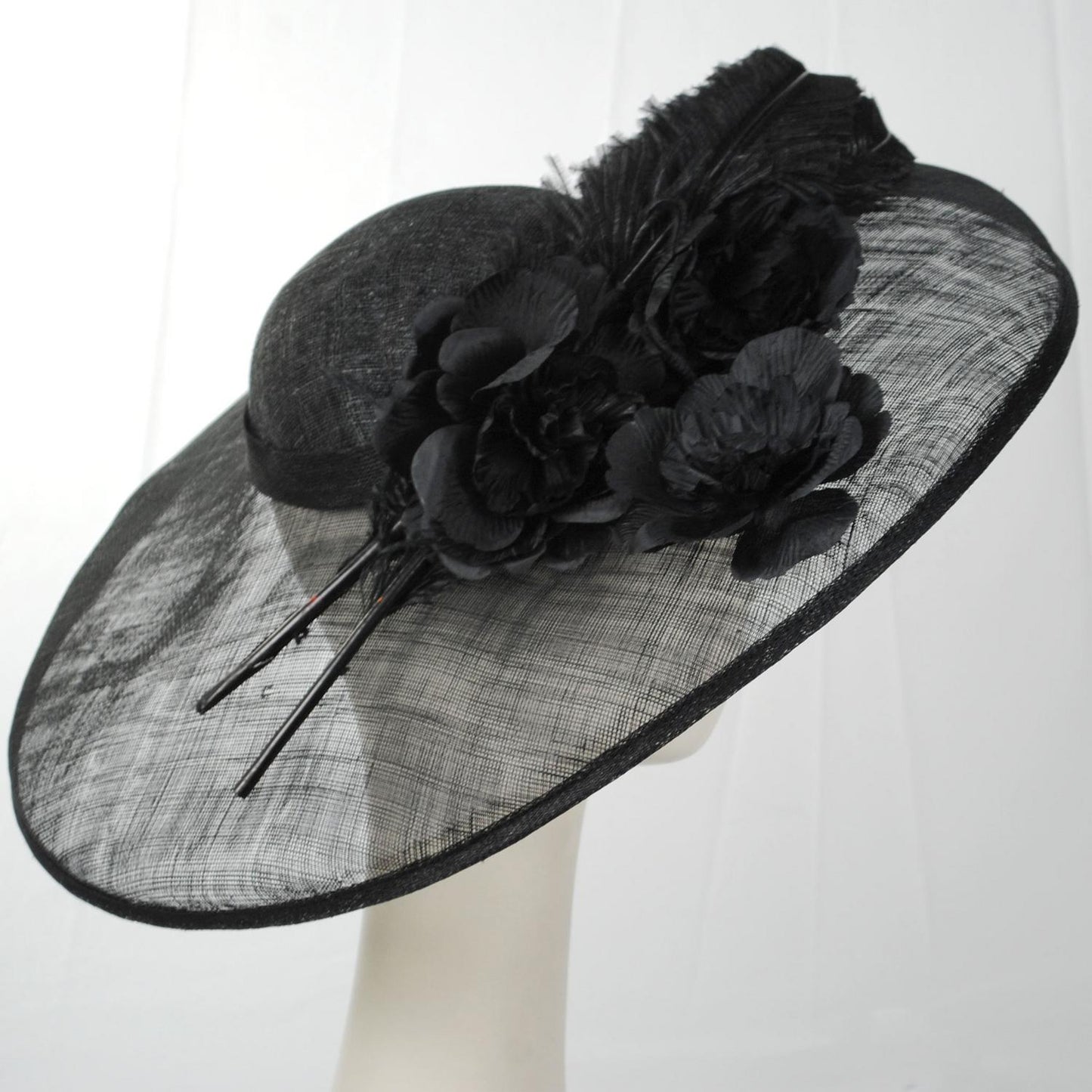 Something Special | 3 Flower & Feather Sinamay Straw Fascinator Hat | 121340 | profile | BLACK