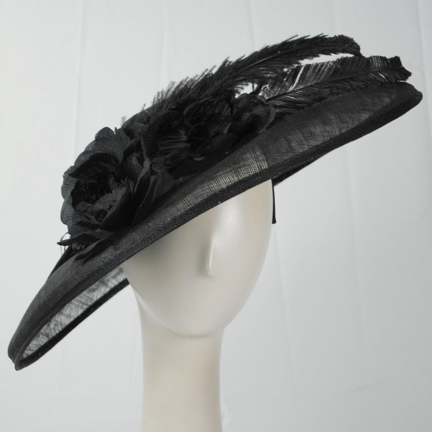 Something Special | 3 Flower & Feather Sinamay Straw Fascinator Hat | 121340 | front | BLACK