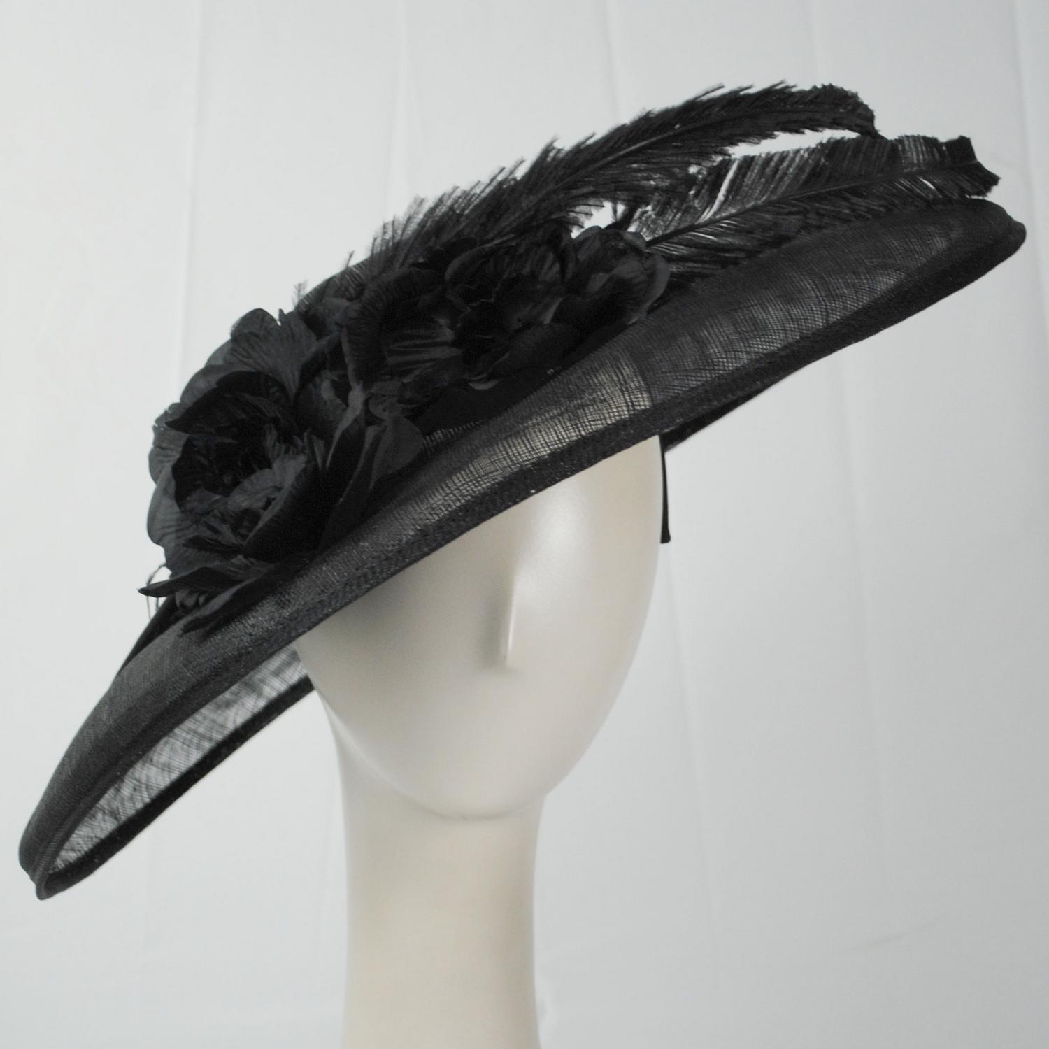 Something Special | 3 Flower & Feather Sinamay Straw Fascinator Hat | 121340 | front | BLACK