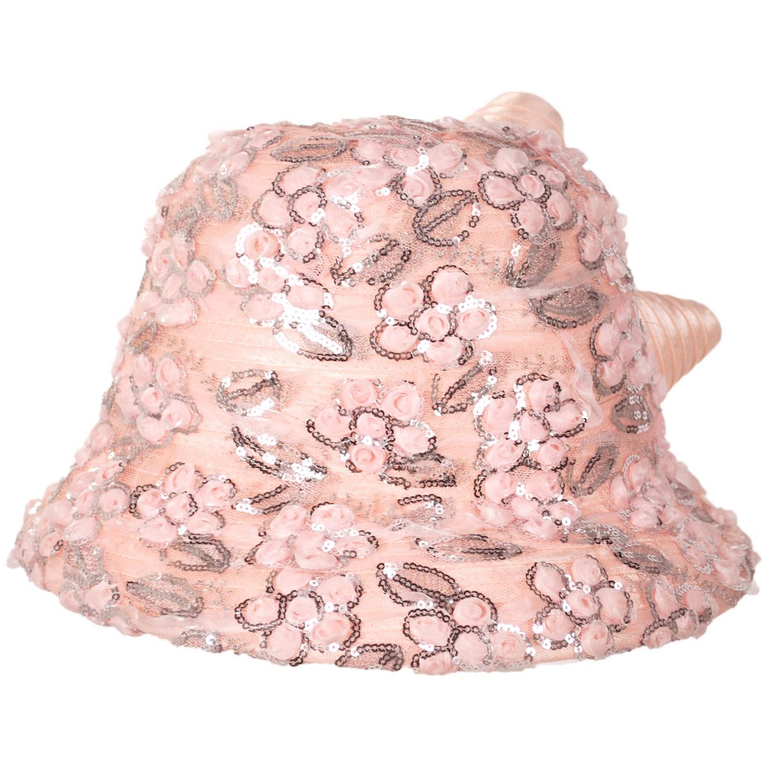 Whittall & Shon | Sequin Rosettes Satin Cloche Hat | 124290 | profiletwo | SEQUIN ROSE