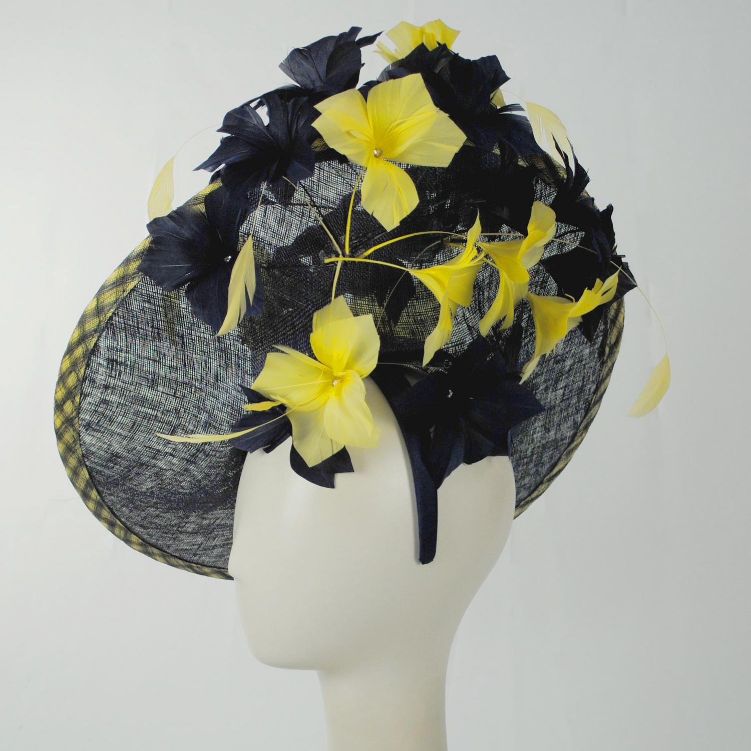 Emma B by Giovannio | Gingham Sinamay Straw Fascinator Hat | 122628 | profiletwo | NAVY/YELLOW