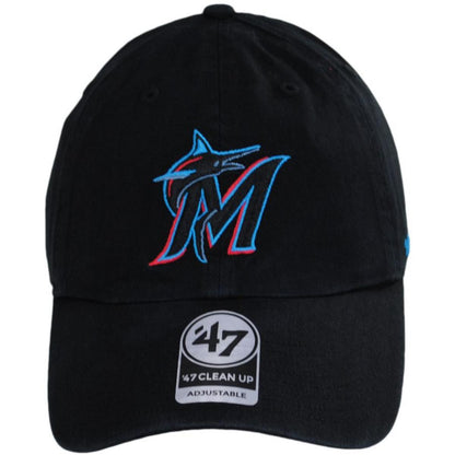 47 Brand | Miami Marlins MLB Clean Up Strapback Baseball Cap Dad Hat | 203261 | front | BLACK