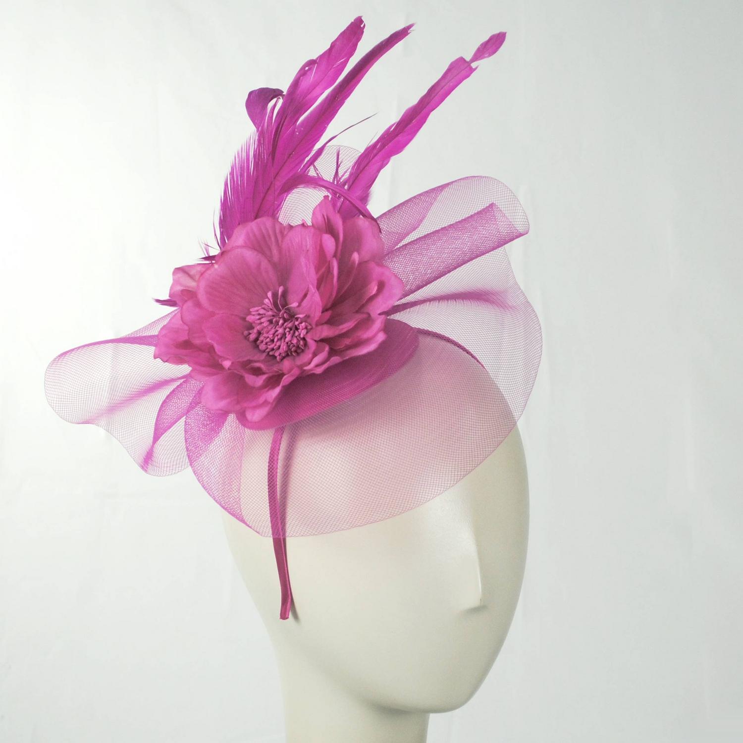 Sophia | Peony and Feathers Fascinator Hat | 122907 | front | FUCHSIA
