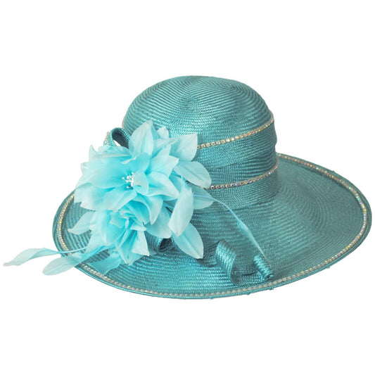 Jack McConnell | Rhinestones Sisal Straw Off Face Dress Hat | 124272 | lead | TURQUOISE