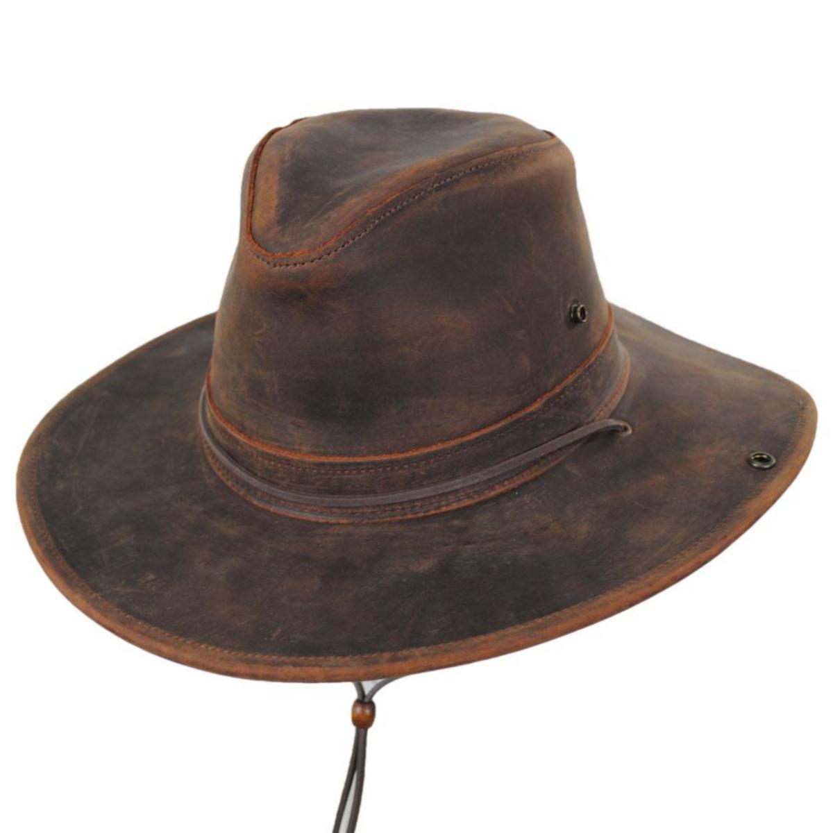 Henschel | Oiled Leather Aussie Fedora Hat | 140370 | detailone | BROWN