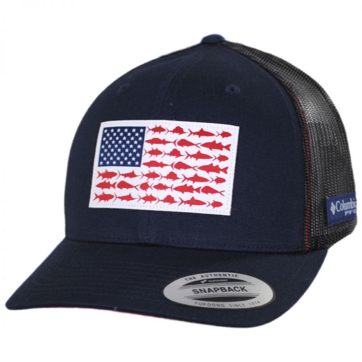 Columbia Sportswear | PFG Fish Flag Mesh Snapback Baseball Cap | 400151 | lead | COLLEGIATE NAVY/SUNSET RED