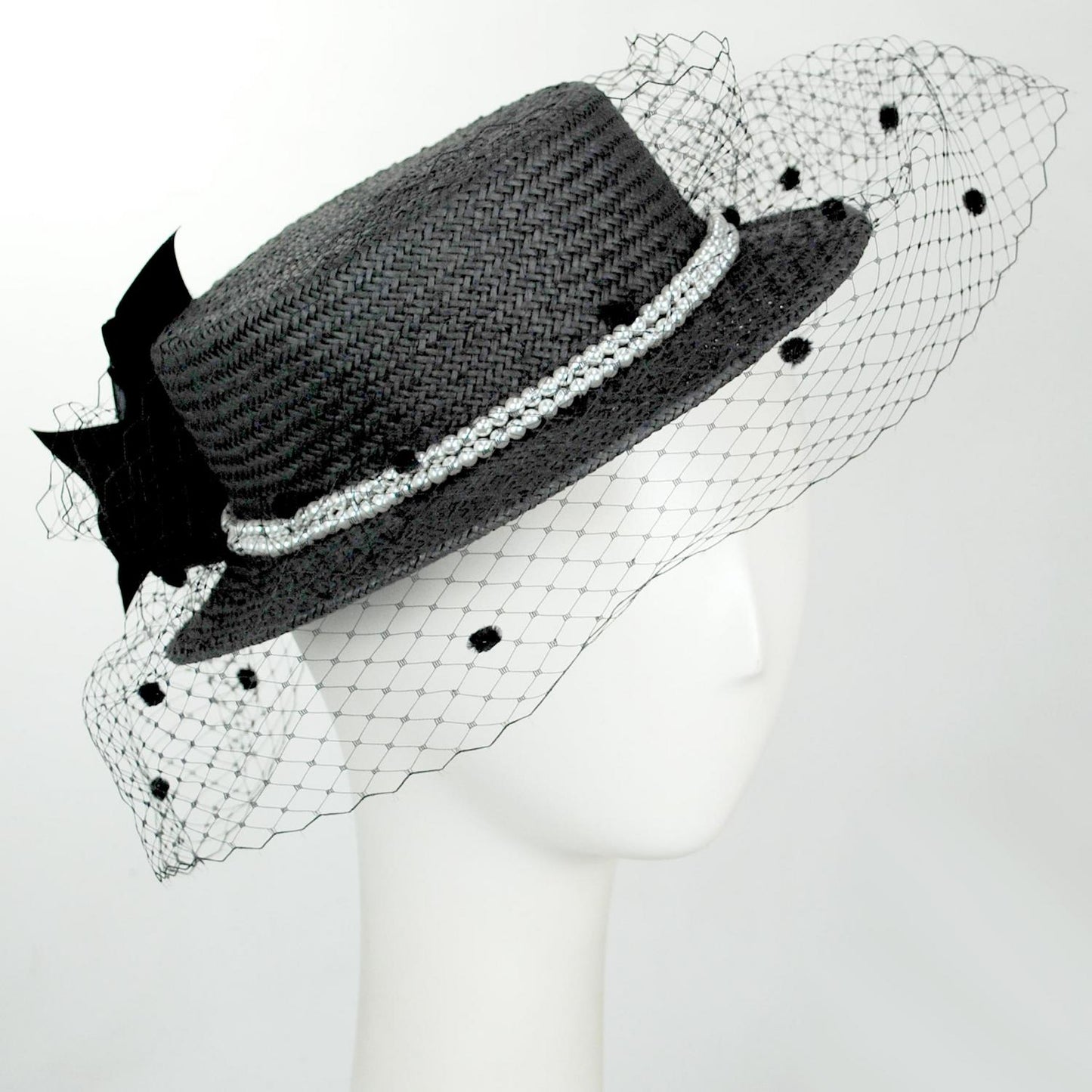 Kathy Jeanne | Toyo Straw Black Boater Hat with Veil | 122464 | profile | BLACK