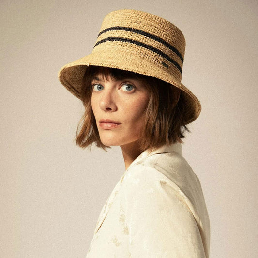 BRIXTON HATS | Ellee Stripe Raffia Straw Bucket Hat | 104055ST | lsfone | TAN/BLACK