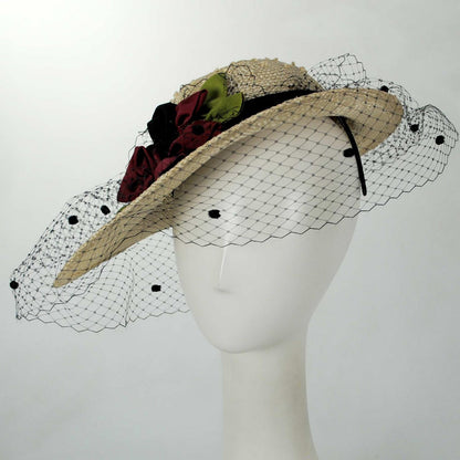 Jeanne Marie | Rosette Knotted Sisal Straw Dress Hat with Veil | 122469 | front | NATURAL