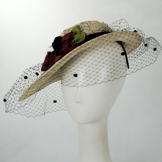 Jeanne Marie | Rosette Knotted Sisal Straw Dress Hat with Veil | 122469 | front | NATURAL