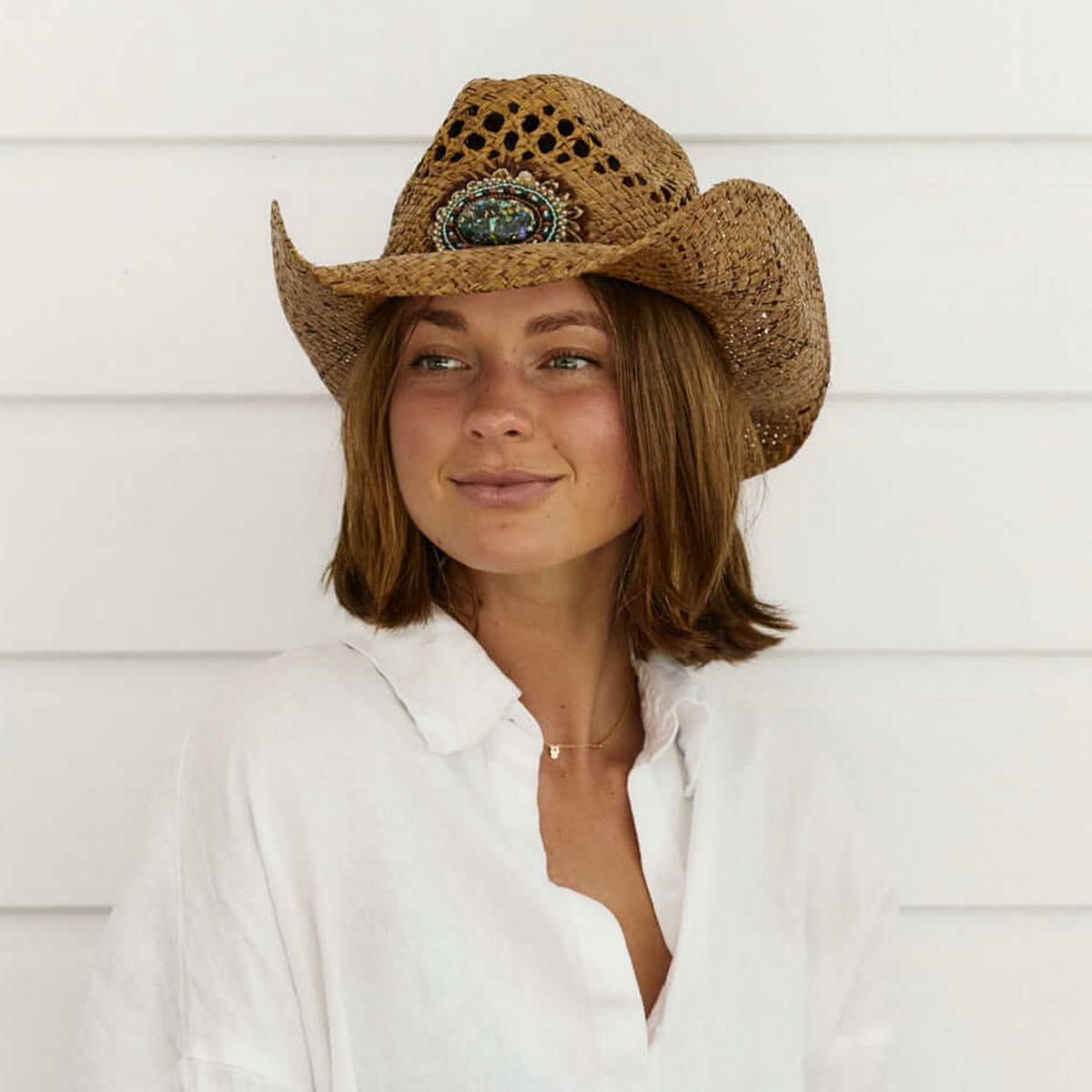 Conner | Navajo Bead and Feather Raffia Straw Western Hat | 102804 | lsfone | CARAMEL