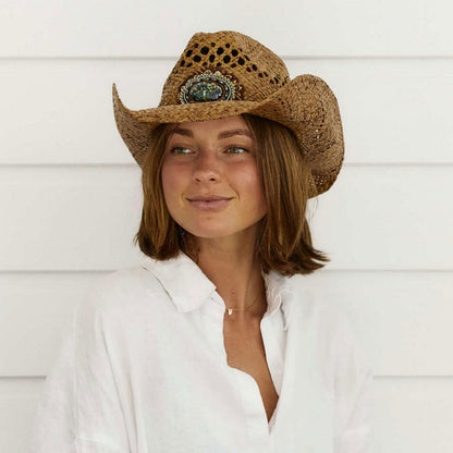 Conner | Navajo Bead and Feather Raffia Straw Western Hat | 102804 | lsfone | CARAMEL