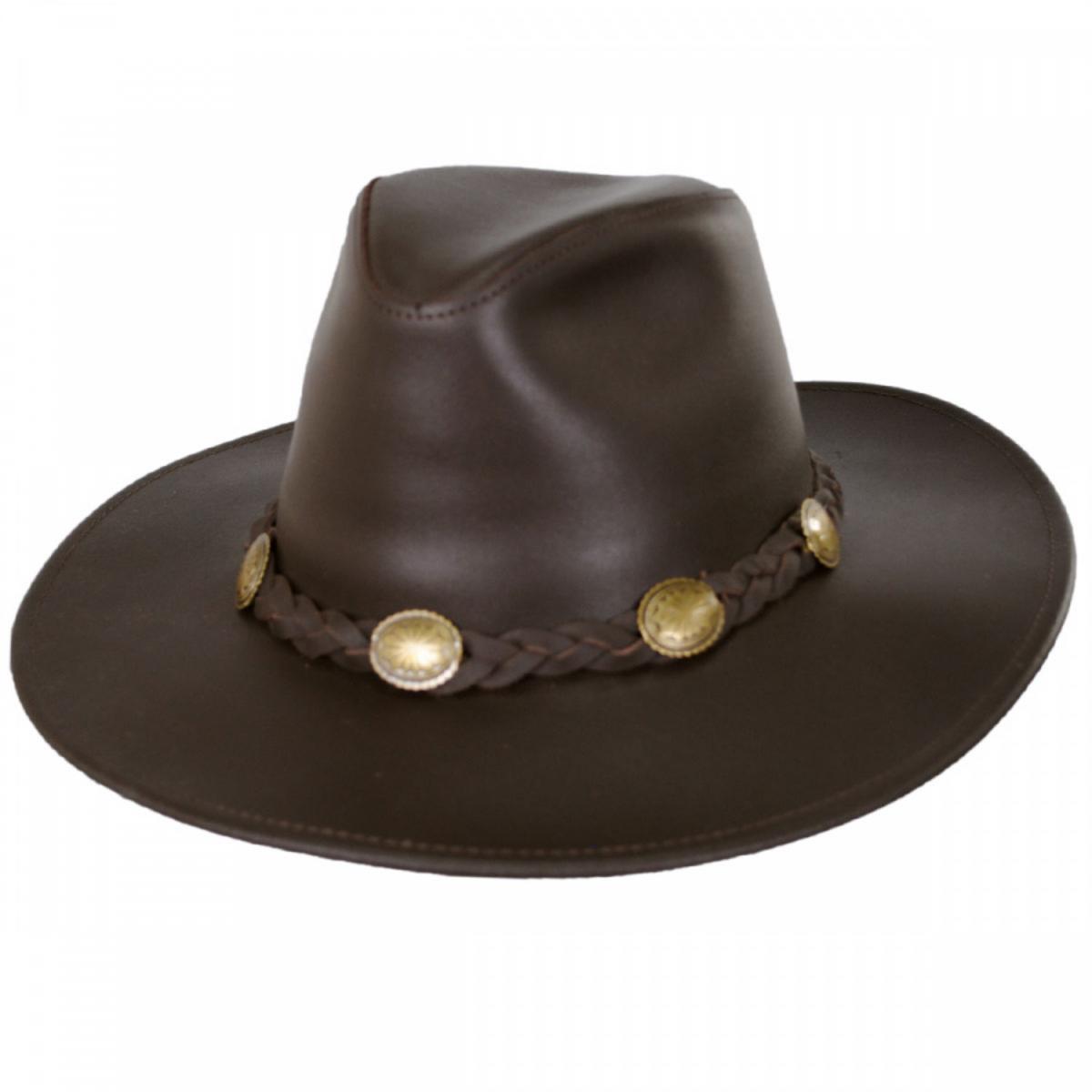 Henschel | Dude Braid Conch Leather Outback Hat | 140300 | lead | CHOCOLATE