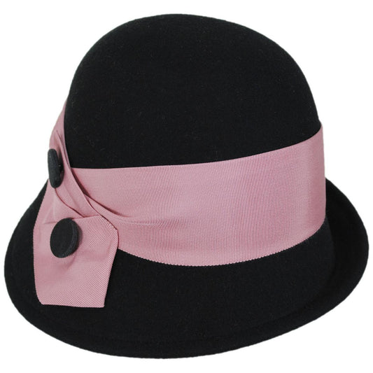 Kathy Jeanne | Double Button Profile Wool Felt Cloche Hat - Made to Order | 124706 | lead | BLACK/ROSE