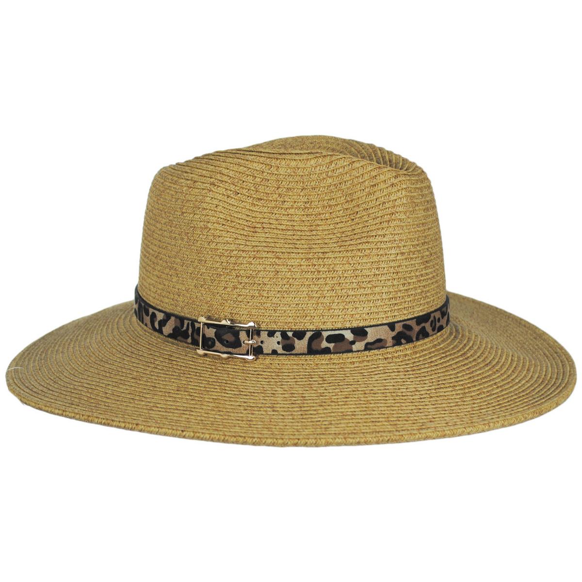 Karen Keith | Leopard Band Toyo Straw Safari Fedora Hat | 126607 | profile | TAN