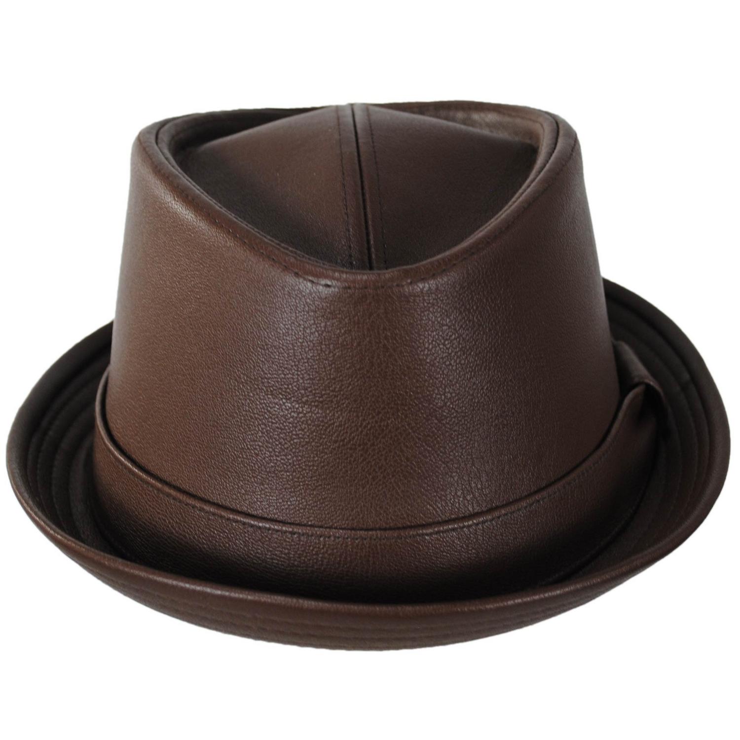 Stacy Adams | Vincent Vegan Leather Diamond Crown Fedora Hat | 140241 | front | BROWN