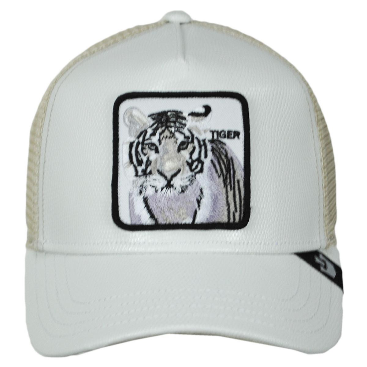 Goorin Bros | The Killer Tiger Vegan Leather Mesh Trucker Snapback Baseball Cap | 200637 | front | WHITE