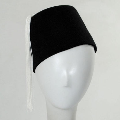 Village Hat Shop | Black Wool Fez with White Tassel | 193316 | front | BLACK