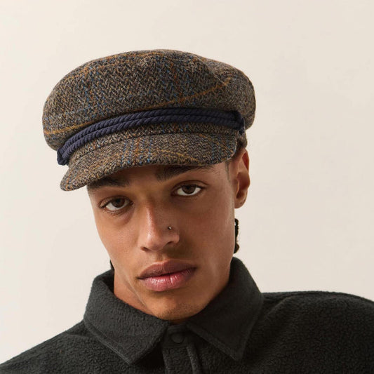 BRIXTON HATS | Herringbone Plaid Wool Blend Fiddler Cap | 181303 | lsmone | SLATE BLUE/SEPIA/ORANGE
